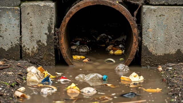 Urban storm drain overflow with floating garbage and pollution