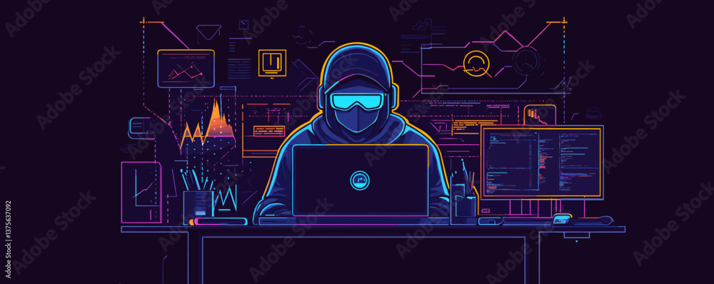 Poster futuristic hacker at computer with neon geometric background, cybersecurity concept - vector.
