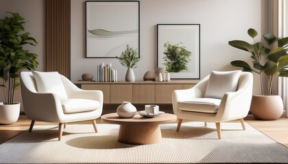 Fototapeta premium interior of modern living room with white armchairs and coffee table