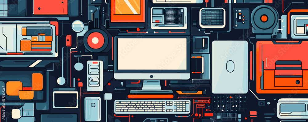 Poster abstract futuristic tech devices and components pattern - vector.