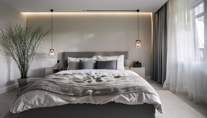 Minimalist Bedroom with Soft Lighting and Monochrome Accents