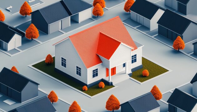 Taxes property concept. A stylized illustration of a house surrounded by smaller homes and trees.