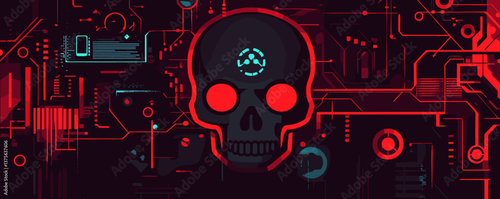 Poster futuristic tech skull with abstract circuit elements on dark background vector.