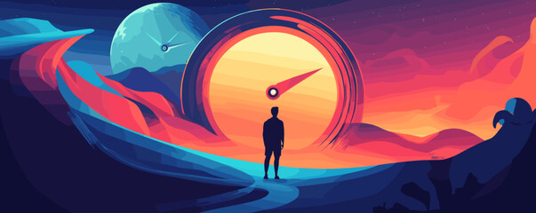 Naklejka premium Silhouetted figure gazing at surreal sun and moon in vibrant fantasy landscape - vector.