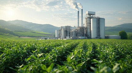 Obraz premium An industrial facility stands amid lush green fields highlighting the complex relationship between industrialization and the natural environment