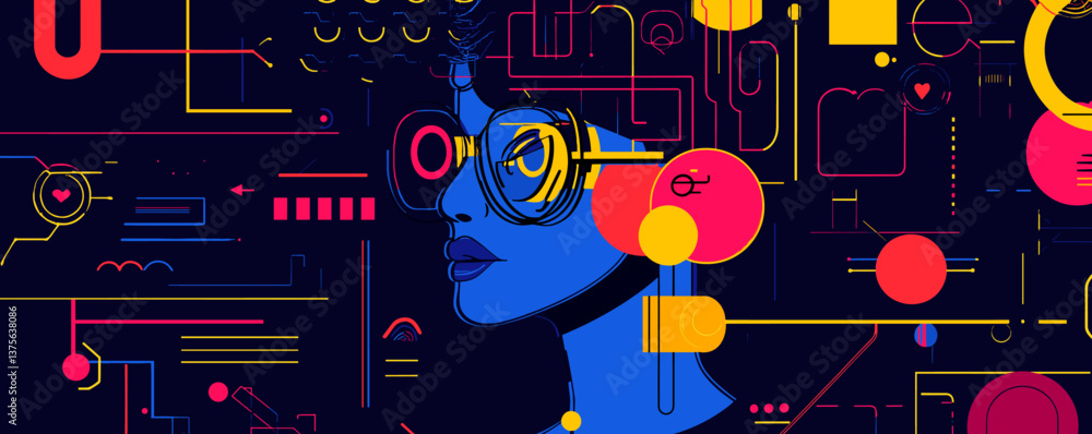 Poster futuristic cybernetic portrait with neon colors and circuitry patterns - vector.