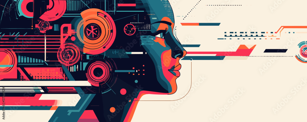 Poster futuristic cybernetic woman profile with tech elements and digital lines - vector.