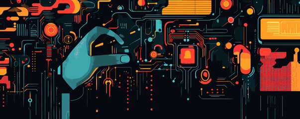 Futuristic cybernetic hand interacting with digital circuitry in high-tech interface - vector.