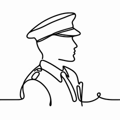One line art officer serious profile portrait representing service against white background with copy space