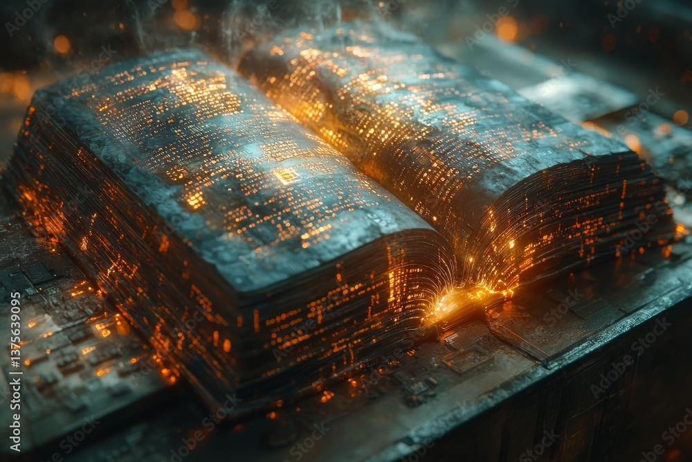 Poster an image of a book merged with modern technology, featuring a holographic book, with dots and lines 