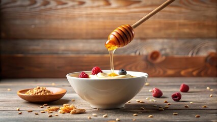 A honey splash drips from a stick near a bowl of yogurt or oatmeal for healthy breakfast idea, spoon, dipper,  spoon
