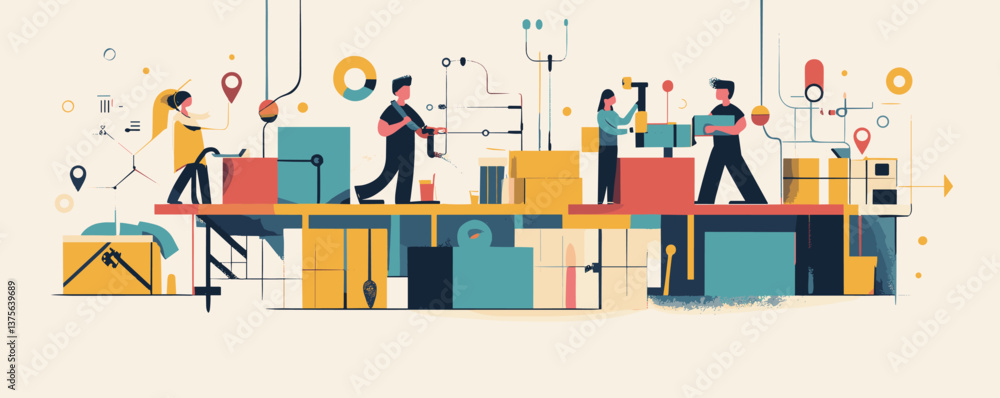 Poster team collaboration in a modern office setting with abstract geometric elements - vector.