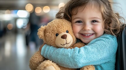 Smiling girl at airport hugging teddy bear and suitcase