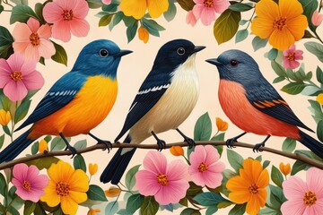 Fototapeta premium Colorful Birds and Flora Seamless Pattern Scandinavian Folk Art Modern Decorative Design