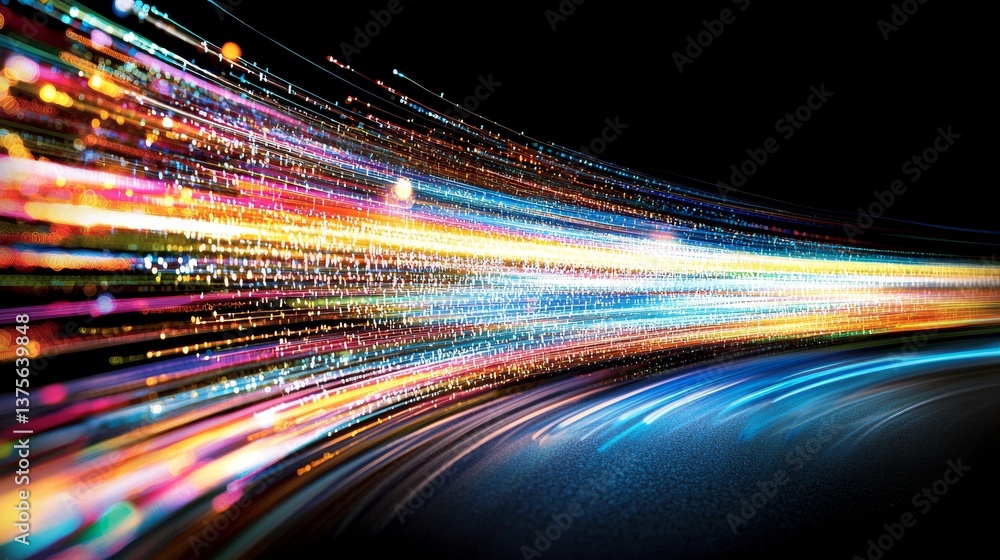 Poster digital data transfer is represented by an abstract background with glowing dots and colorful trails