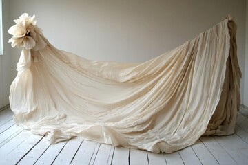 Elegant cream fabric drape with flower accent in minimalist room
