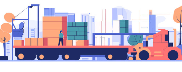Logistics scene with crane and truck loading cargo containers in urban setting - vector.