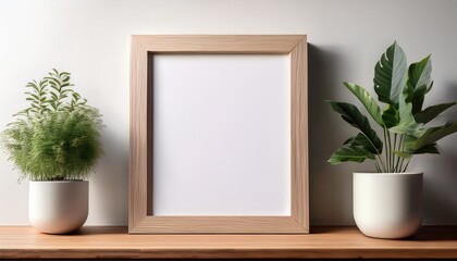 a mockup of a blank photo frame sitting on a wooden table with plants besides minimal and clean