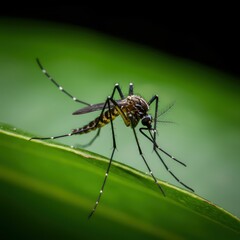 Fototapeta premium Mosquito on Green Leaf Closeup.