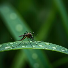 Naklejka premium Mosquito on DewCovered Leaf.