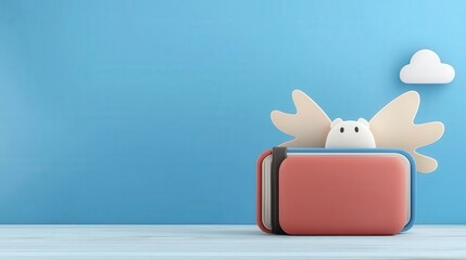 financial benefits budget optimization concept. Cute cartoon character peeking over a suitcase against a blue background.