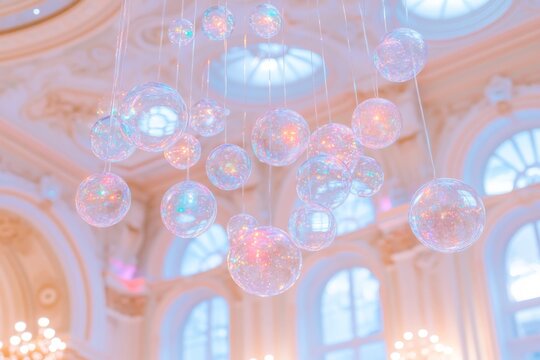 Elegant crystal ball chandelier in luxurious ballroom with soft pastel lighting