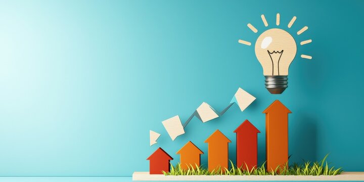 financial benefits budget optimization concept. Growth concept with light bulb and upward arrows on a blue background.