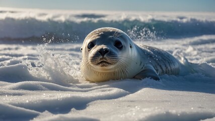 Young Seal Wallowing in Foamy Surf at Beach with Gentle Waves