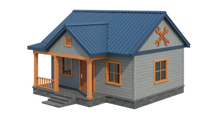 Isolated Small Grey House with Blue Roof and Tool Symbol