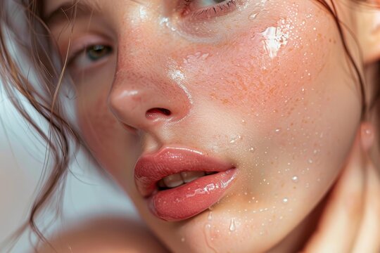 A close up of a womans face with rosy and flushed skin, featuring prominent freckles and a dewy glow, Rosy and flushed skin with a dewy appearance