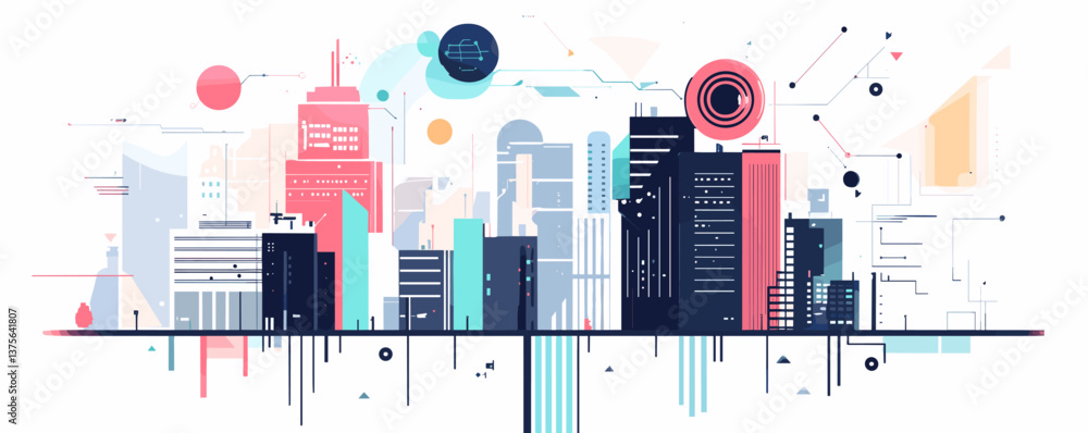 Poster futuristic cityscape with geometric shapes and abstract elements - vector.
