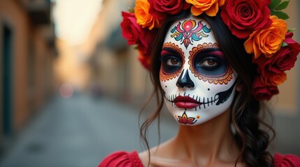 young woman in traditional Mexican sugar skull mask, blured mexican festive  carnaval street background