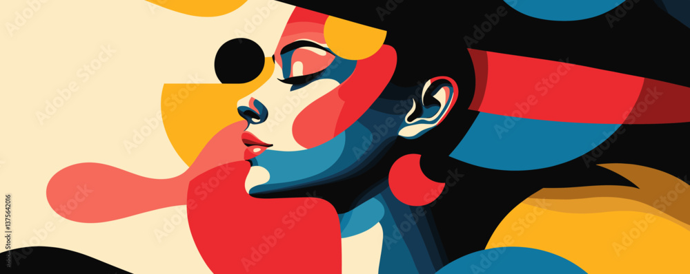 Poster abstract portrait of a woman in colorful geometric shapes and bold patterns vector.