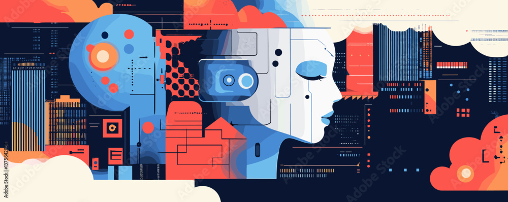 Poster futuristic ai design with human face and tech elements in cityscape background - vector.