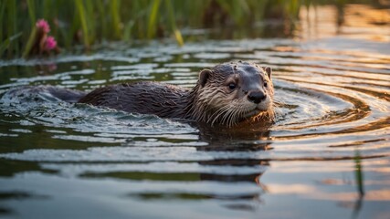 Otter Swimming in Lake at Sunset with Golden Light Reflection