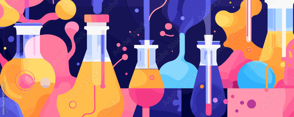 Poster colorful laboratory glassware with abstract fluid shapes in a science background vector.