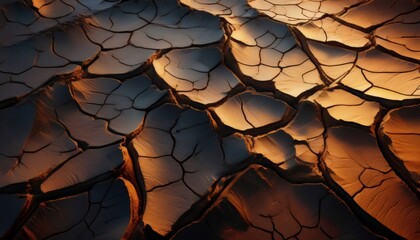Cracked desert ground revealing deep, intricate fissures glowing under warm sunset light, showcasing natural earth texture patterns