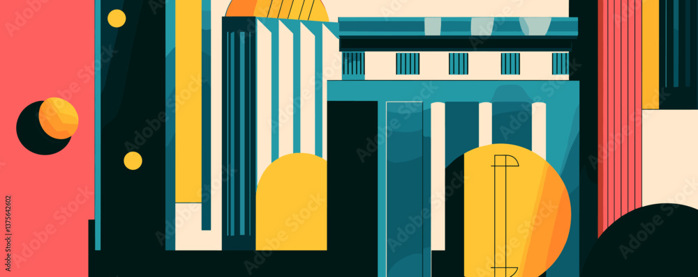 Poster abstract architectural cityscape with geometric shapes and dynamic colors - vector.