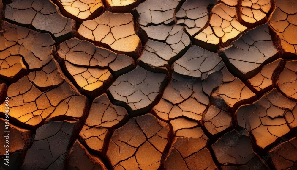 Poster parched ground breaking into angular fragments, revealing intricate dry landscape pattern with harsh