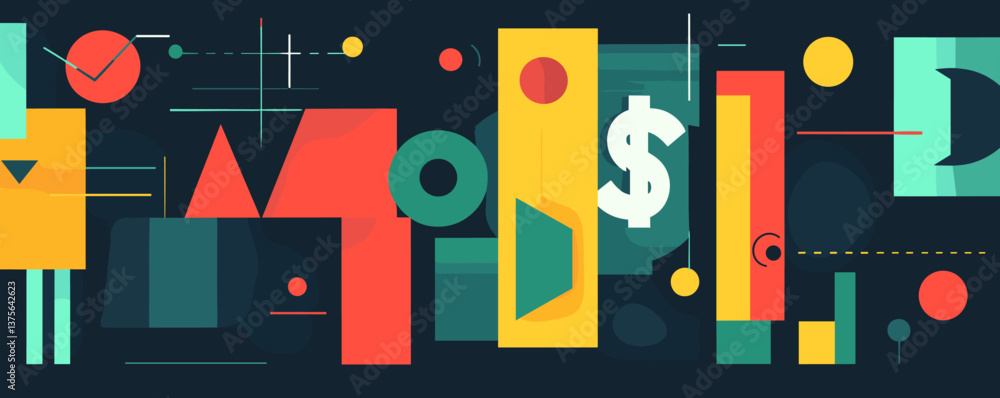 Poster abstract geometric shapes and dollar sign on dark background - vector.