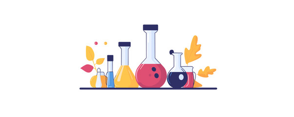 Colorful chemistry lab equipment with autumn leaves design - vector.