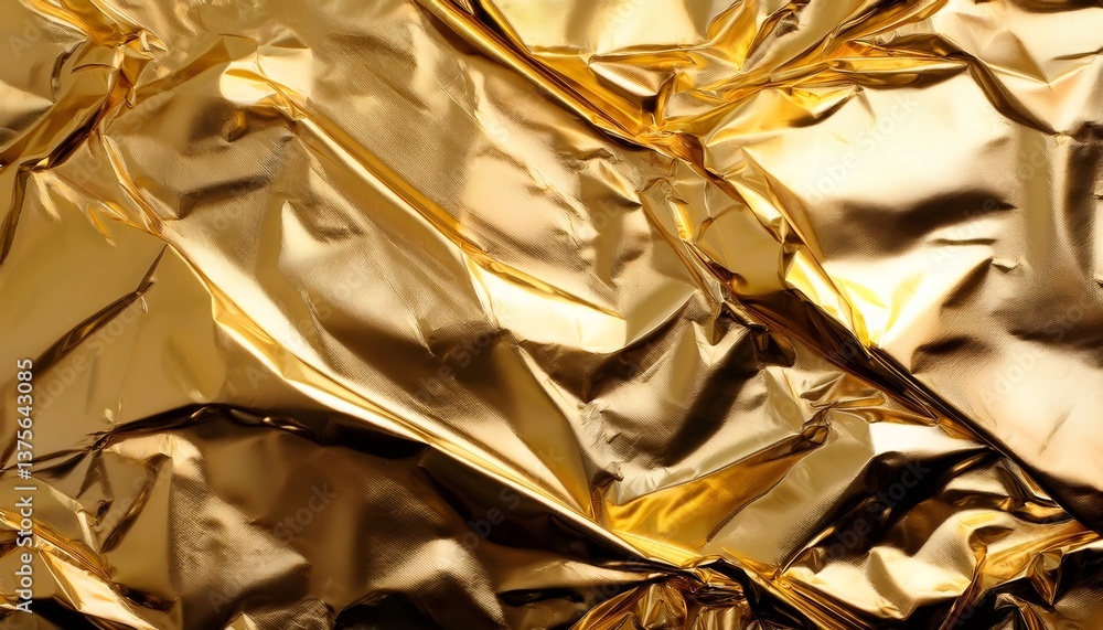 Poster crumpled gold foil reflecting metallic light, creating rich depth and luxurious shine with intricate