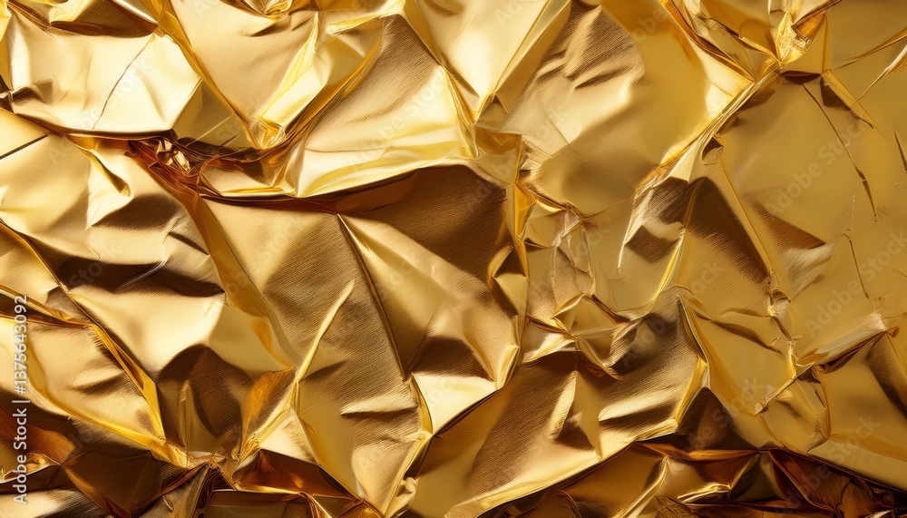 Poster crumpled golden metallic foil reflecting light, generating opulent textured surface with rich gleami