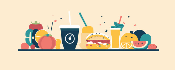 Fototapeta premium Colorful fast food and beverages arrangement with fruits and vegetables - vector.