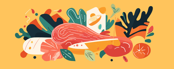 Abstract culinary shapes: colorful ingredients and utensils on yellow background - vector.