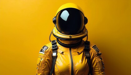astronaut standing against bright yellow wall