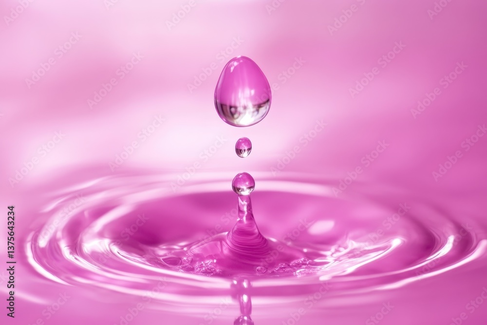Poster pink liquid droplets create mesmerizing patterns on a smooth light surface, pink liquid spreads in l