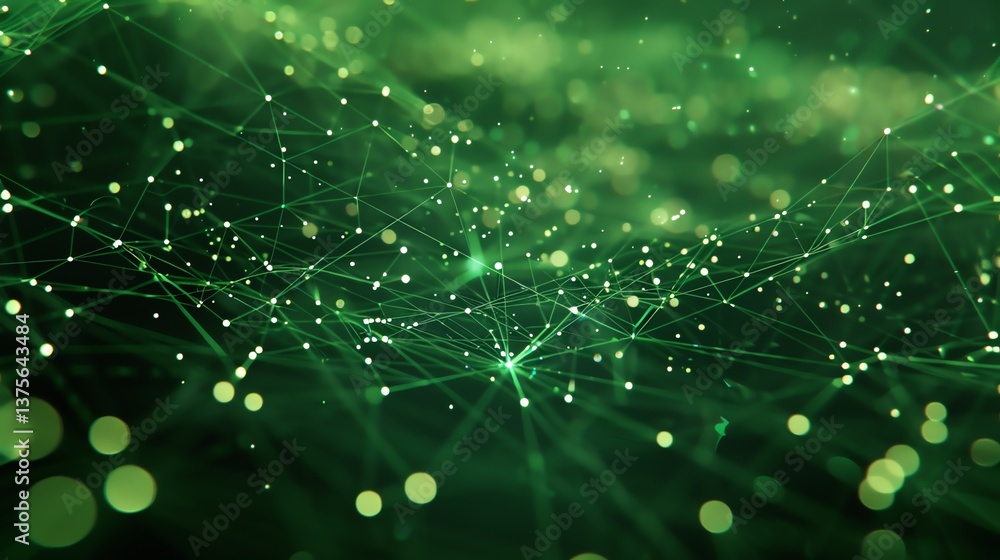 Poster Glowing green neural network. Artificial intelligence. Plexus. 3D rendering.