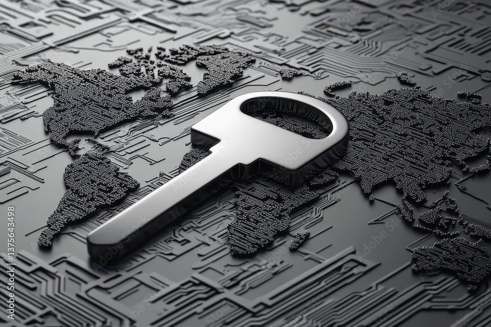 Poster key icon symbolizing data security in global digital network on map of the world, key icon and data 