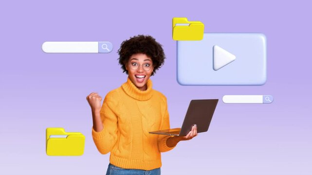 Motion creative collage video of happy girl it specialist surf laptop player tab
